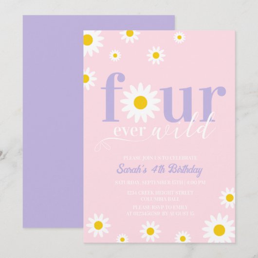 Invitation Retro Daisy Purple Pink Super 4e anniversaire (Devant / Derrière)