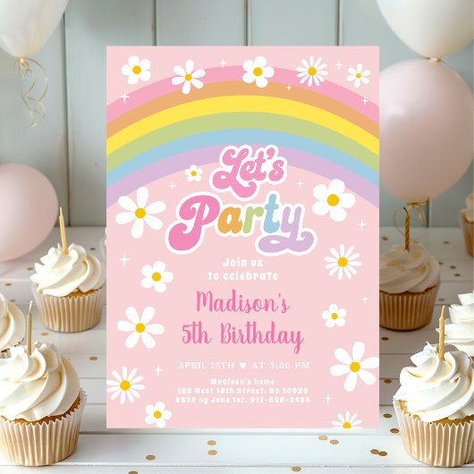 Invitation Retro Daisy Rainbow Faisons la fête Anniversaire