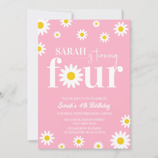 Invitation Retro Daisy rose et blanc 4e anniversaire (Devant)