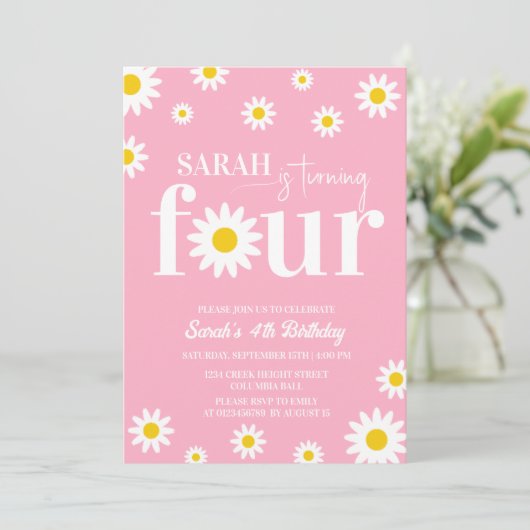 Invitation Retro Daisy rose et blanc 4e anniversaire (Debout devant)
