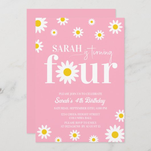Invitation Retro Daisy rose et blanc 4e anniversaire (Devant / Derrière)