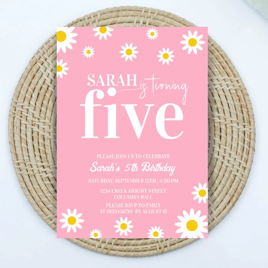 Invitation Retro Daisy rose et blanc Minimal 5e anniversaire