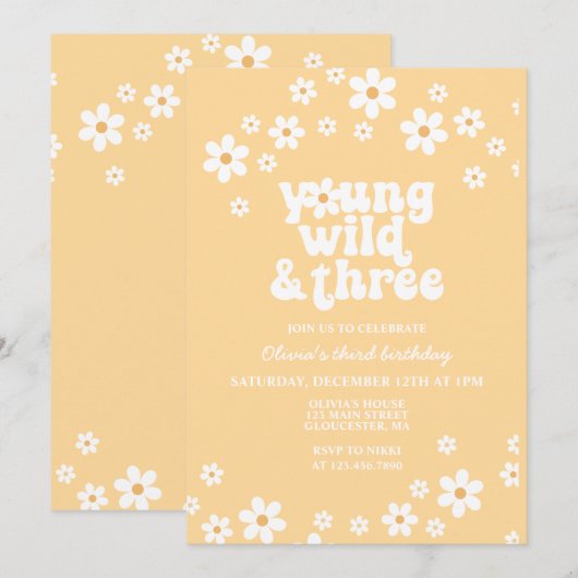 Invitation Retro Daisy Young Wild Trois ans jaune anniversair (Devant / Derrière)