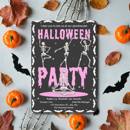 Invitation Retro Dancing Skeleton rose+Black Halloween Party