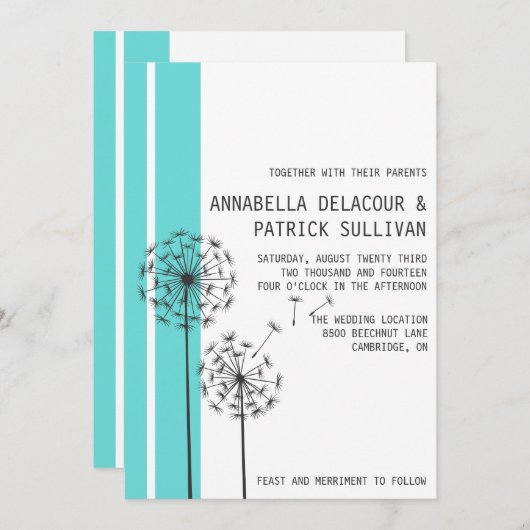 Invitation Rétro Dandelions Bleu Minimaliste Mariage (Devant / Derrière)