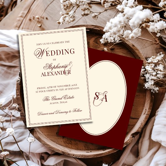 Invitation Retro Deep Burgundy Ivory Oval Old Money Wedding 