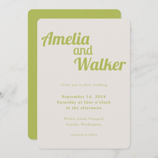 Invitation Retro Delight Chartreuse Mariage vert (Devant / Derrière)