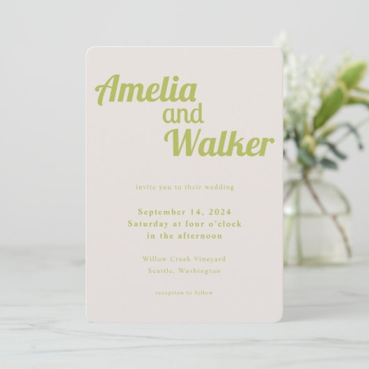 Invitation Retro Delight Chartreuse Mariage vert (Debout devant)