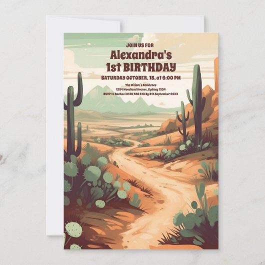 Invitation Retro Desert Cactus 1er anniversaire (Devant)