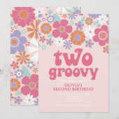 Invitation Rétro Deux Groovy Fleur Rose (Devant / Derrière)