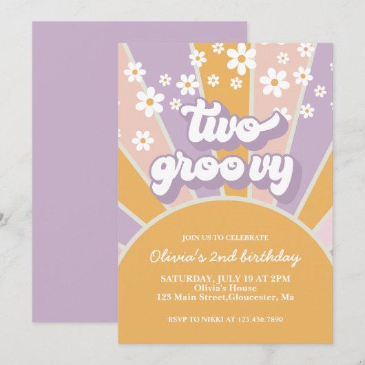 Invitation Rétro Deux Groovy marguerite violet Sunshine (Devant / Derrière)