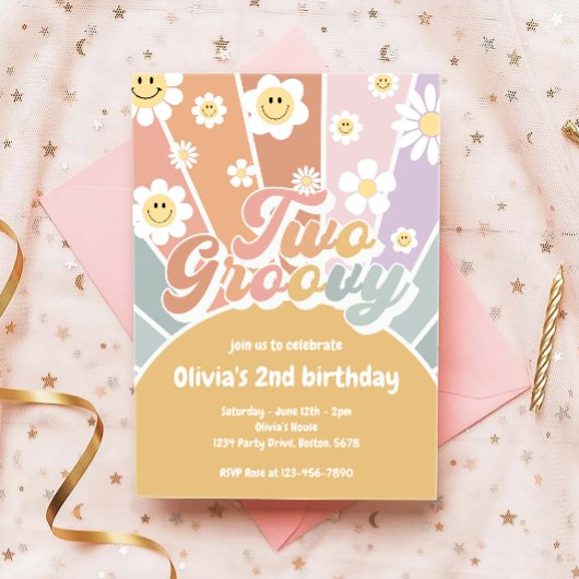 Invitation Retro Deux Super Sunshine Daisy Boho 2e anniversai