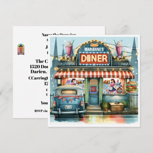 INVITATION RETRO DINER CINQUANTES (Devant / Derrière)