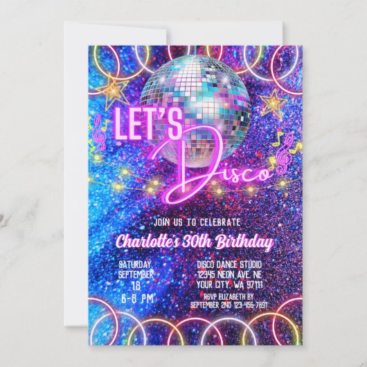 Invitation Retro Disco Ball Bright rose Neon brillant Anniver (Devant)