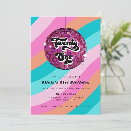 Invitation Retro Disco Ball Pink 21e anniversaire (Debout devant)