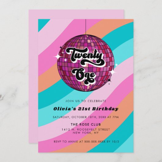Invitation Retro Disco Ball Pink 21e anniversaire (Devant / Derrière)