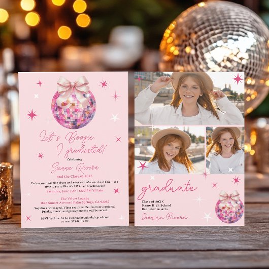 Invitation Retro Disco Pink Bow 3 photos Graduation Party