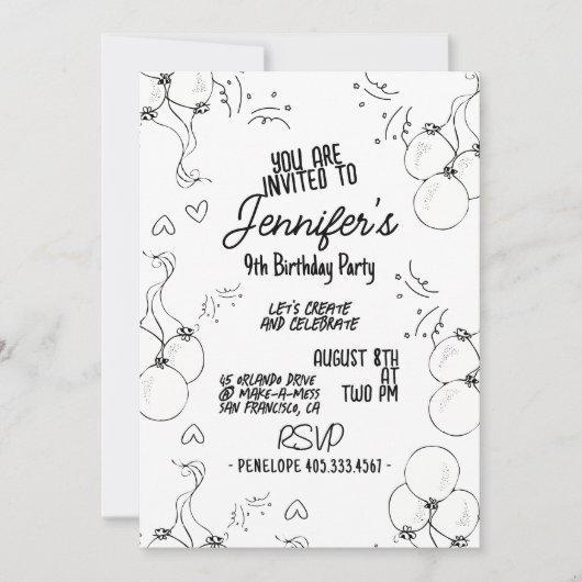 Invitation Retro Doodle Moderne Coeurs & Ballons Anniversaire (Devant)