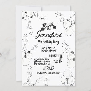 Invitation Retro Doodle Moderne Coeurs & Ballons Anniversaire
