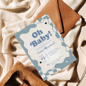 Invitation Retro Dusty Blue Checkered Oh Baby Baby Shower