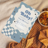 Invitation Retro Dusty Blue Checkered Oh Baby Baby Shower