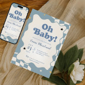 Invitation Retro Dusty Blue Checkered Oh Baby Baby Shower