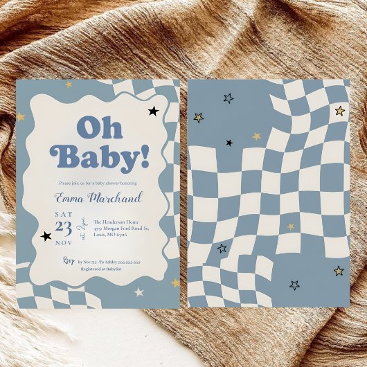 Invitation Retro Dusty Blue Checkered Oh Baby Baby Shower