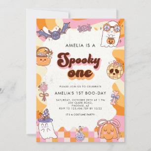 Invitation Retro Éffrayant un rose Halloween 1er anniversaire