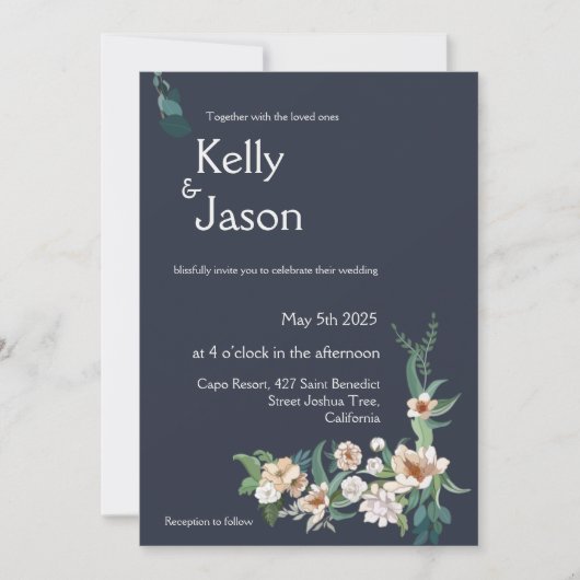 Invitation Retro Elegant blanc Flower Frame Marine Arrière - (Devant)