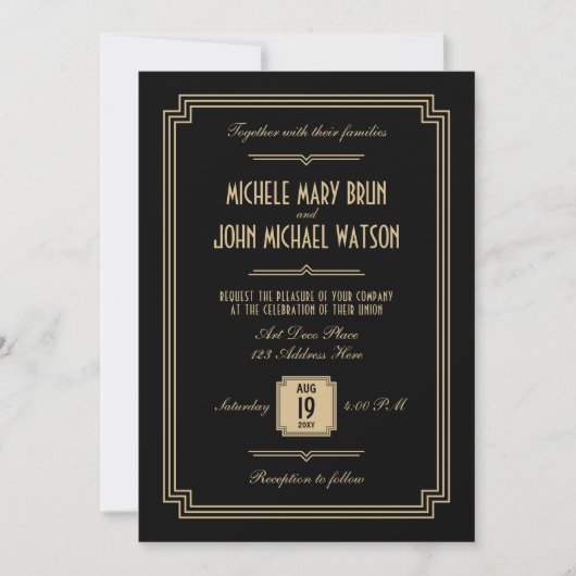 Invitation Retro Elegant Noir Art Déco QR RSVP Mariage (Devant)