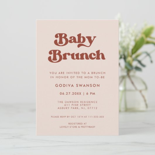 Invitation Retro élégant Peach Pink Baby Brunch (Debout devant)
