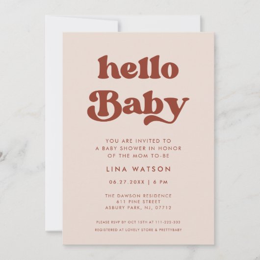 Invitation Retro élégant Peach Pink Hello Baby (Devant)