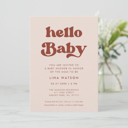 Invitation Retro élégant Peach Pink Hello Baby (Debout devant)