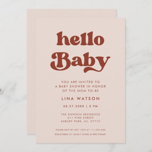 Invitation Retro élégant Peach Pink Hello Baby (Devant / Derrière)
