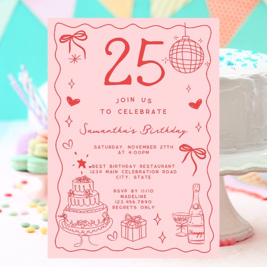 Invitation Rétro Fantaisiste Excentrique Rouge Rose 25e Anniv