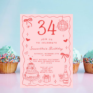 Invitation Rétro Fantaisiste Excentrique Rouge Rose 34e Anniv