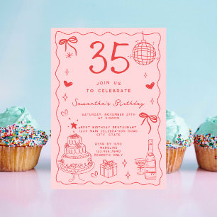 Invitation Rétro Fantaisiste Excentrique Rouge Rose 35e Anniv