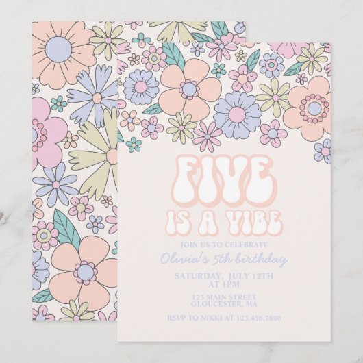 Invitation Retro Floral Five est un Vibe 5e anniversaire (Devant / Derrière)