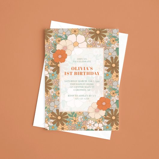 Invitation Retro Floral Girls 1er anniversaire