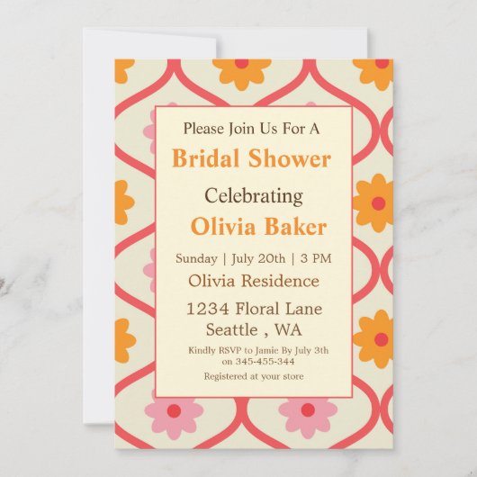 Invitation Retro Floral Ogee Mid-Century Modern Bridal Shower (Devant)