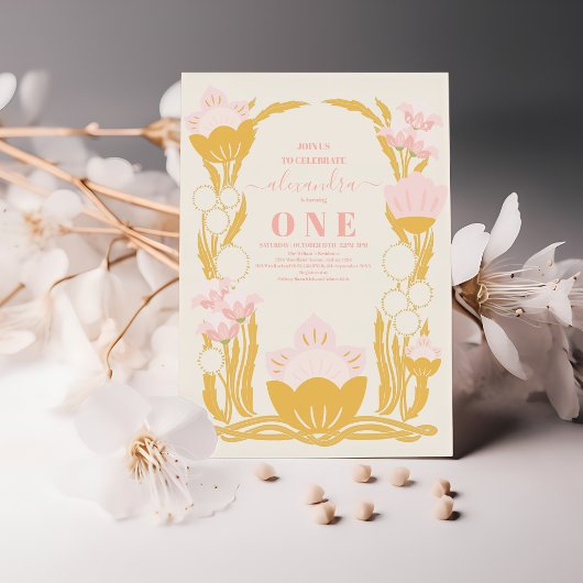 Invitation Retro Floral Rose Gold 1er anniversaire
