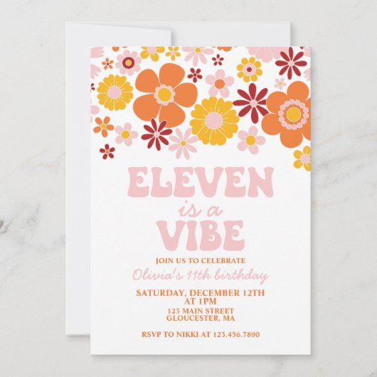 Invitation Retro Flower ELEVEN est un Vibe 11e anniversaire (Devant)