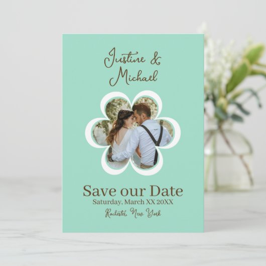 Invitation Retro Flower Photo Mariage Turquoise Enregistrer l (Debout devant)