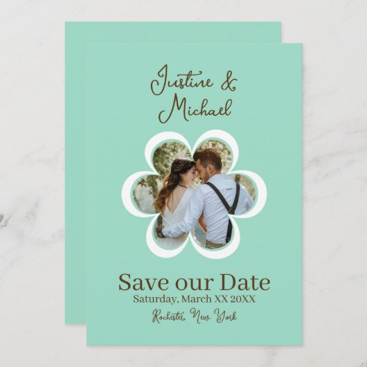 Invitation Retro Flower Photo Mariage Turquoise Enregistrer l (Devant / Derrière)