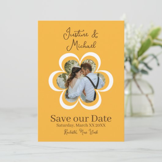 Invitation Retro Flower Photo Orange Wedding Enregistrer la d (Debout devant)