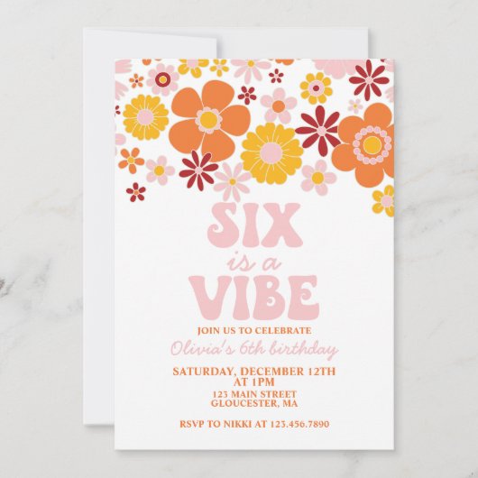 Invitation Retro Flower SIX est une Vibe 6e anniversaire (Devant)