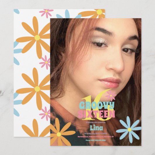 Invitation Retro Flower Sweet 16 Anniversaire Photo (Devant / Derrière)