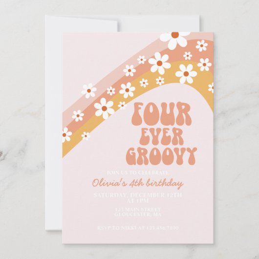 Invitation Retro Four Ever marguerite Super boho 4e anniversa (Devant)