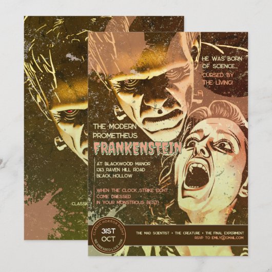 Invitation Rétro Frankenstein Horreur Vintage (Devant / Derrière)
