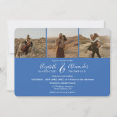 Invitation Retro French blue Elegant 4 Photos script mariage (Devant)